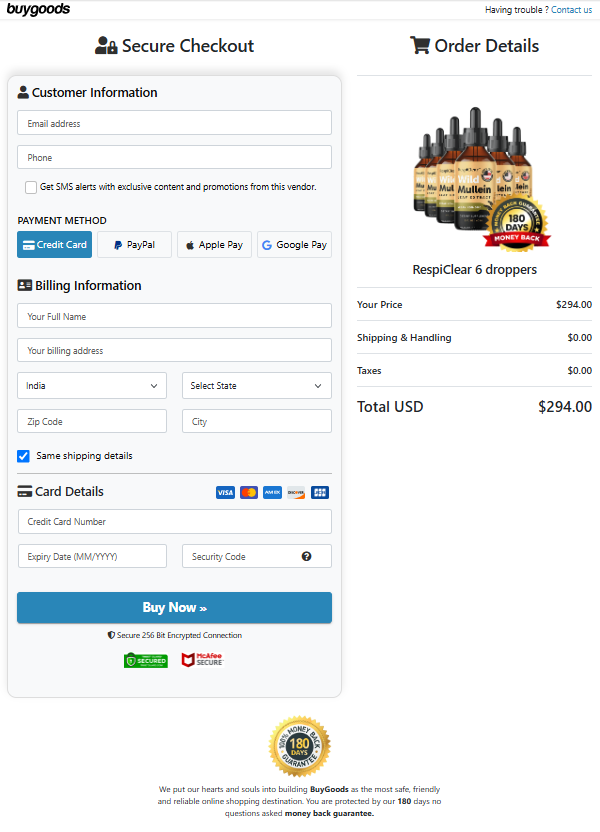 RespiClear Order Page